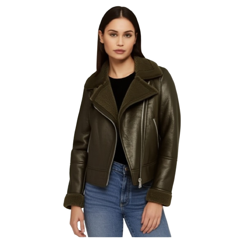 Vigoss Olive Green Leather Moto Jacket with Shearling Trim